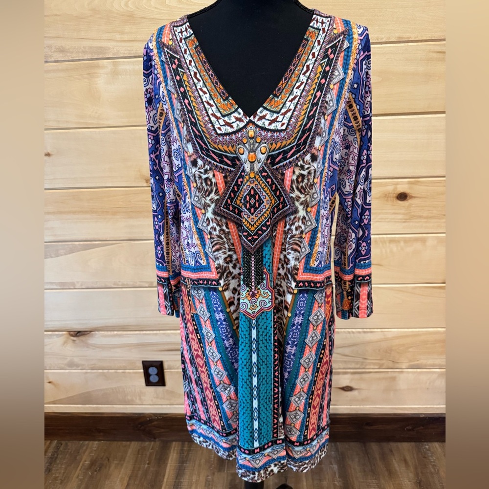 Hale Bob V Neck Dress, Multi Color - Aztec Style , size Medium